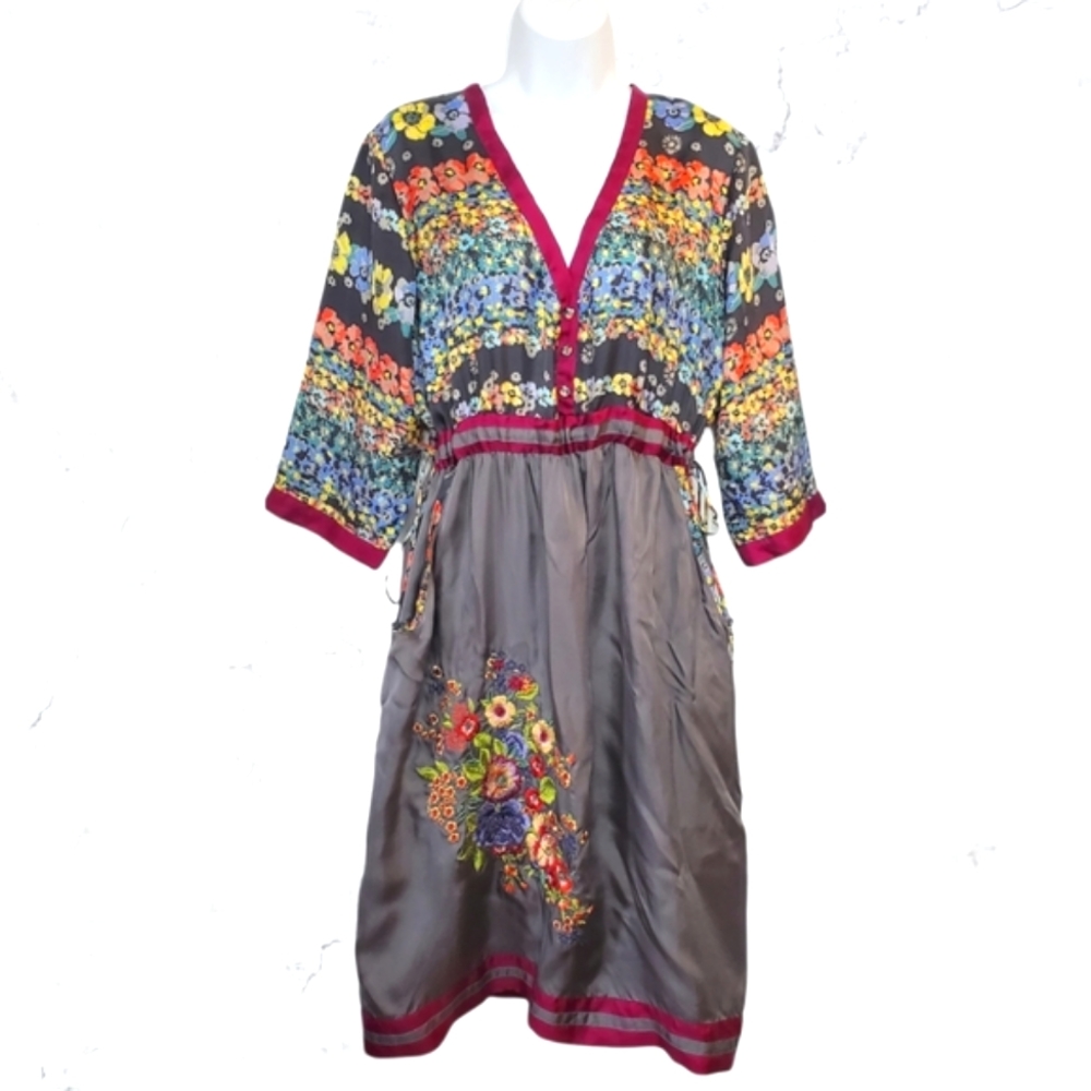 Johnny Was Silk Grey Floral Drawstring Boho Dress